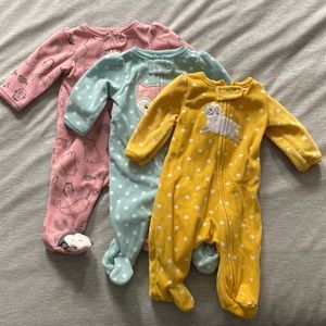 3 fleece footie PJs, excellent condition, newborn